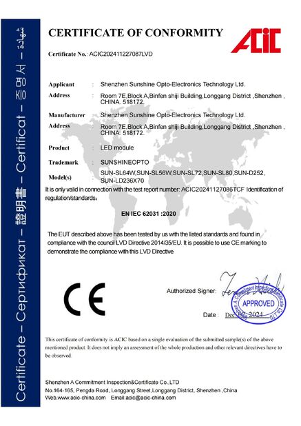 China Sunshine Opto-electronics Enterprise Co.,ltd certification